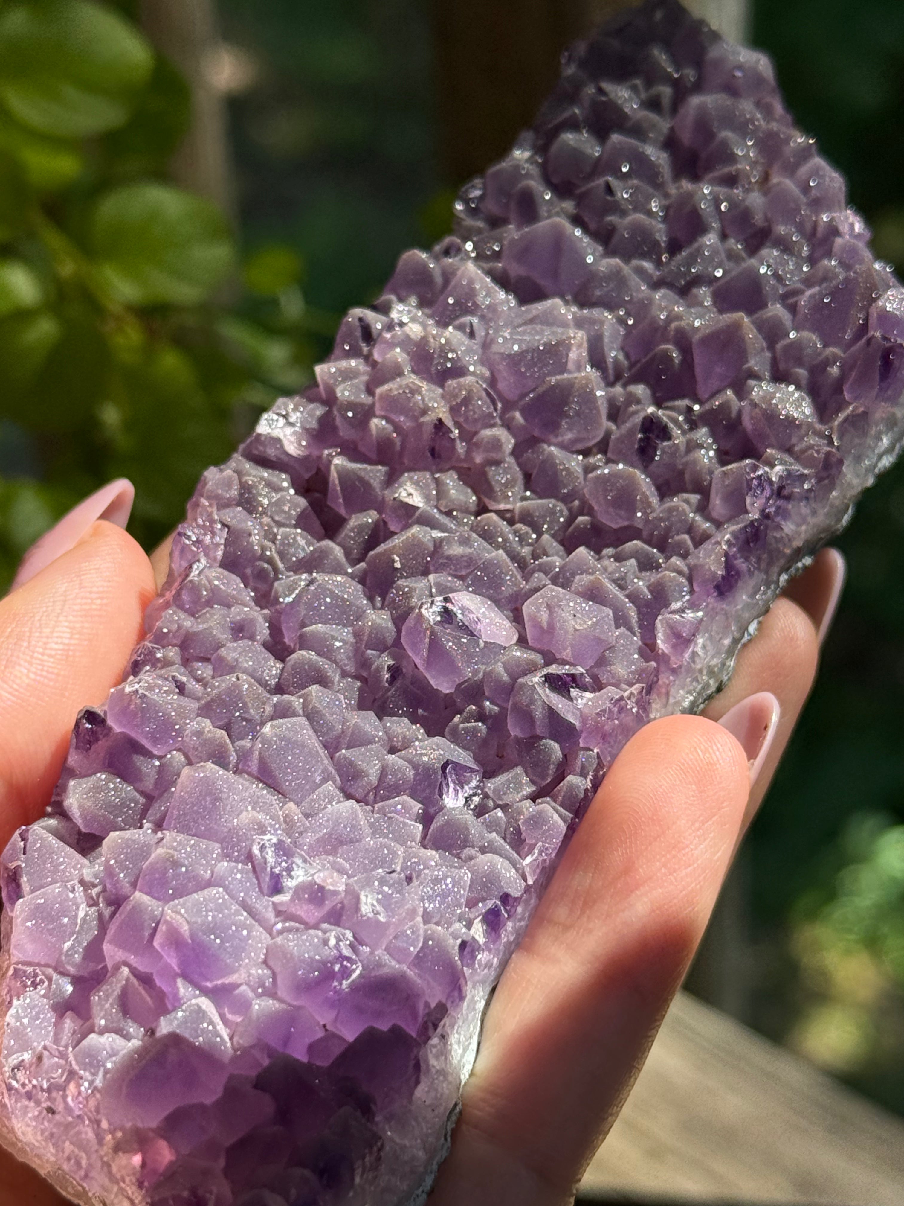 Brazilian Amethyst Sugar Druzy Cut Base On Stand