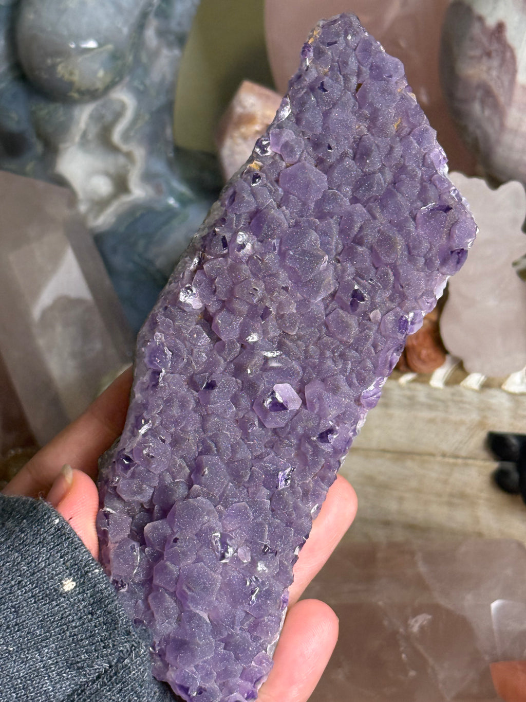 Brazilian Amethyst Sugar Druzy Cut Base On Stand