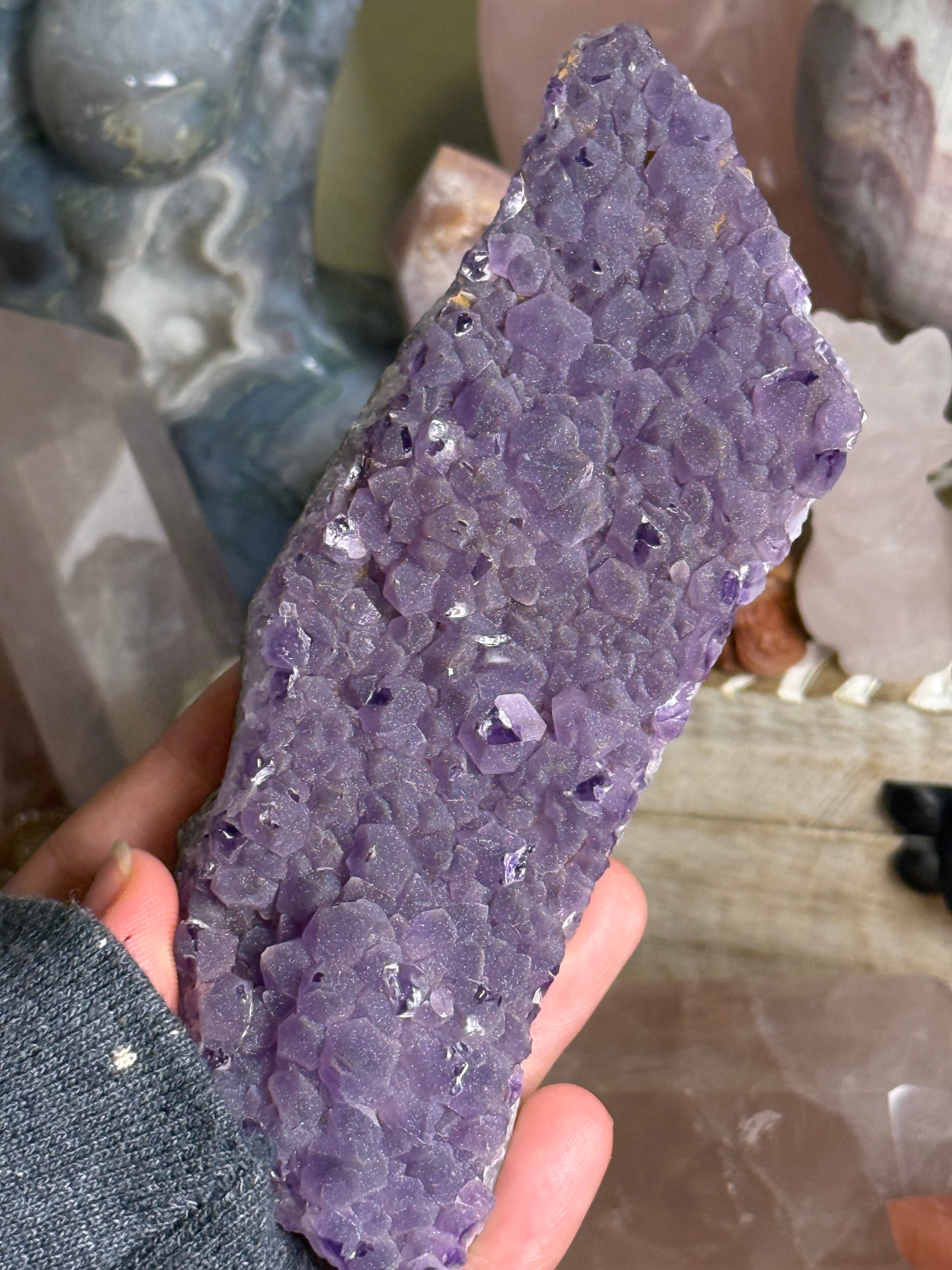 Brazilian Amethyst Sugar Druzy Cut Base On Stand