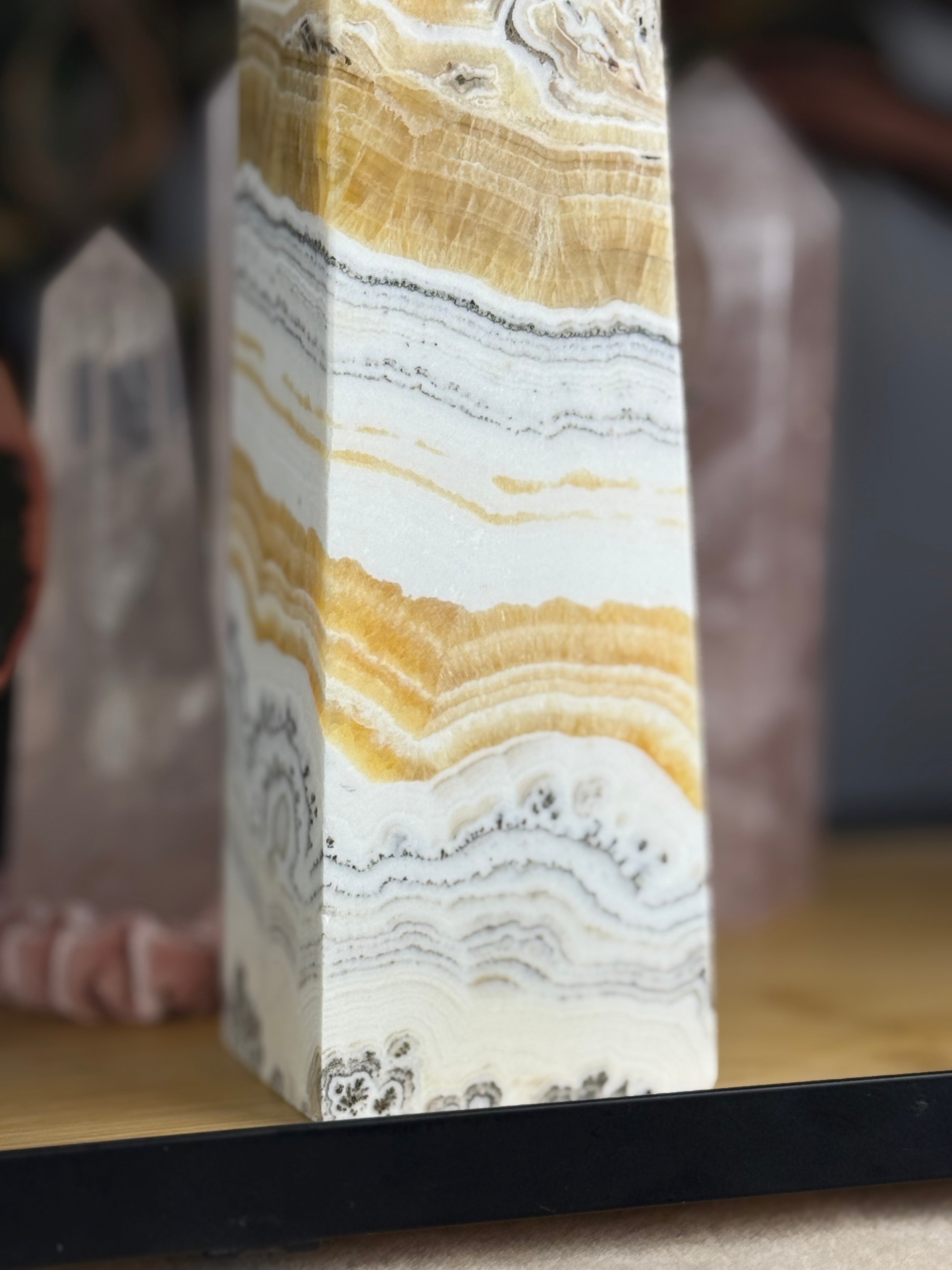 Banded Dendritic Honey Calcite Statement Tower 11.5"