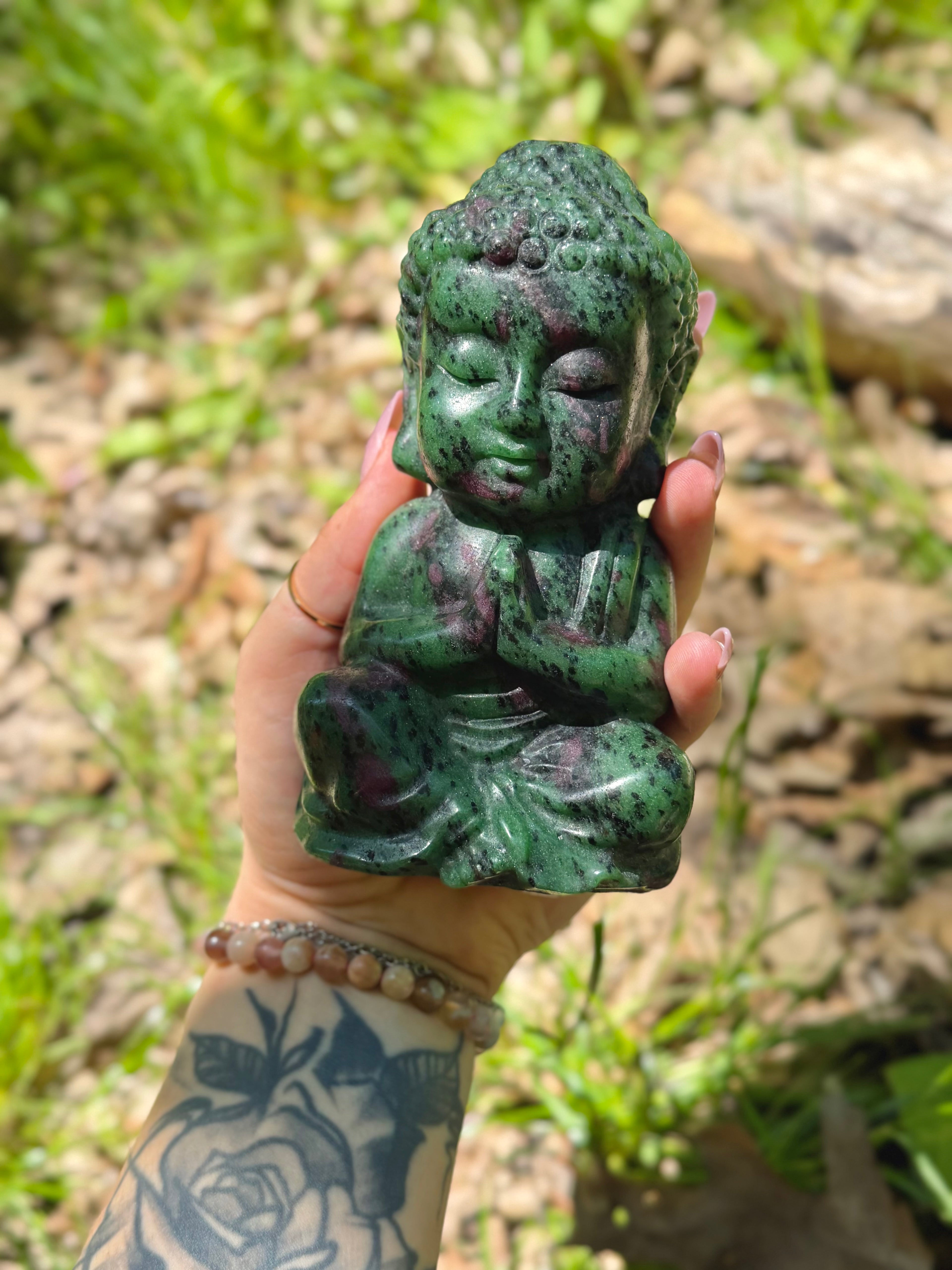 Ruby Zoisite Baby Buddha Crystal Carving Statement Piece