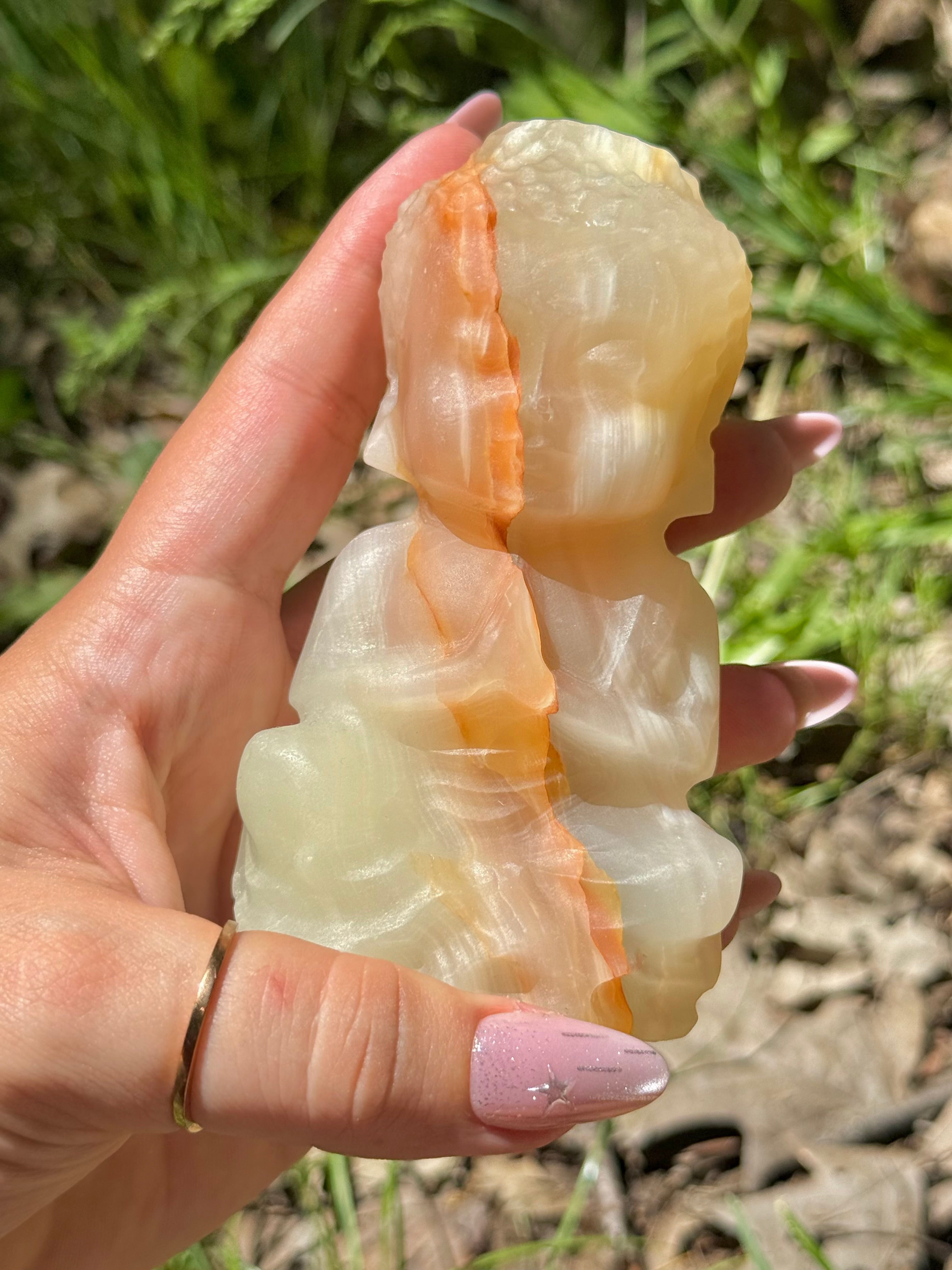 White|Green Onyx (Calcite) Baby Buddha Crystal Carving