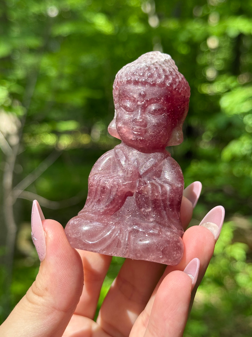 Strawberry Quartz Baby Buddha Meditating Crystal Carving