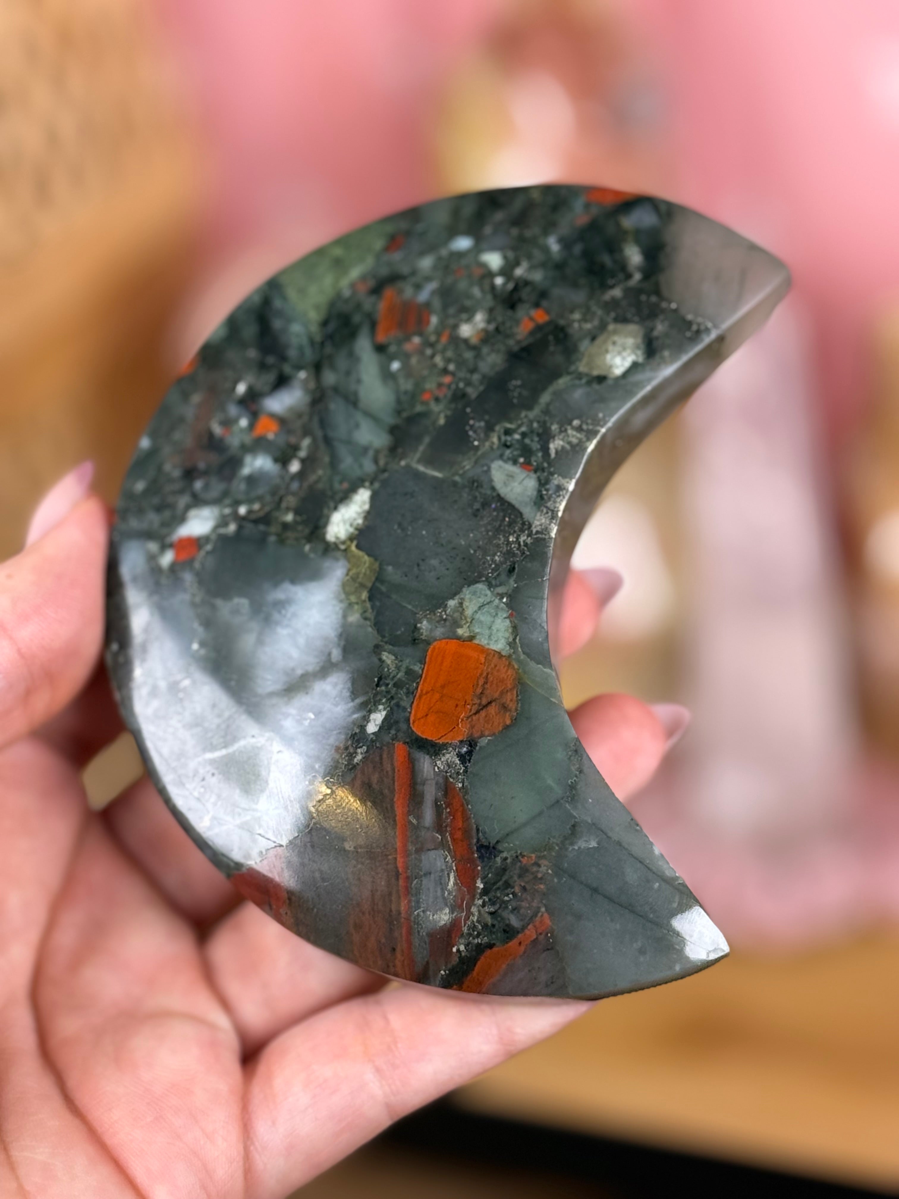African Bloodstone Moon Crystal Carving