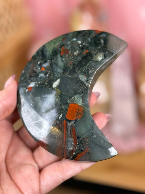 African Bloodstone Moon Crystal Carving
