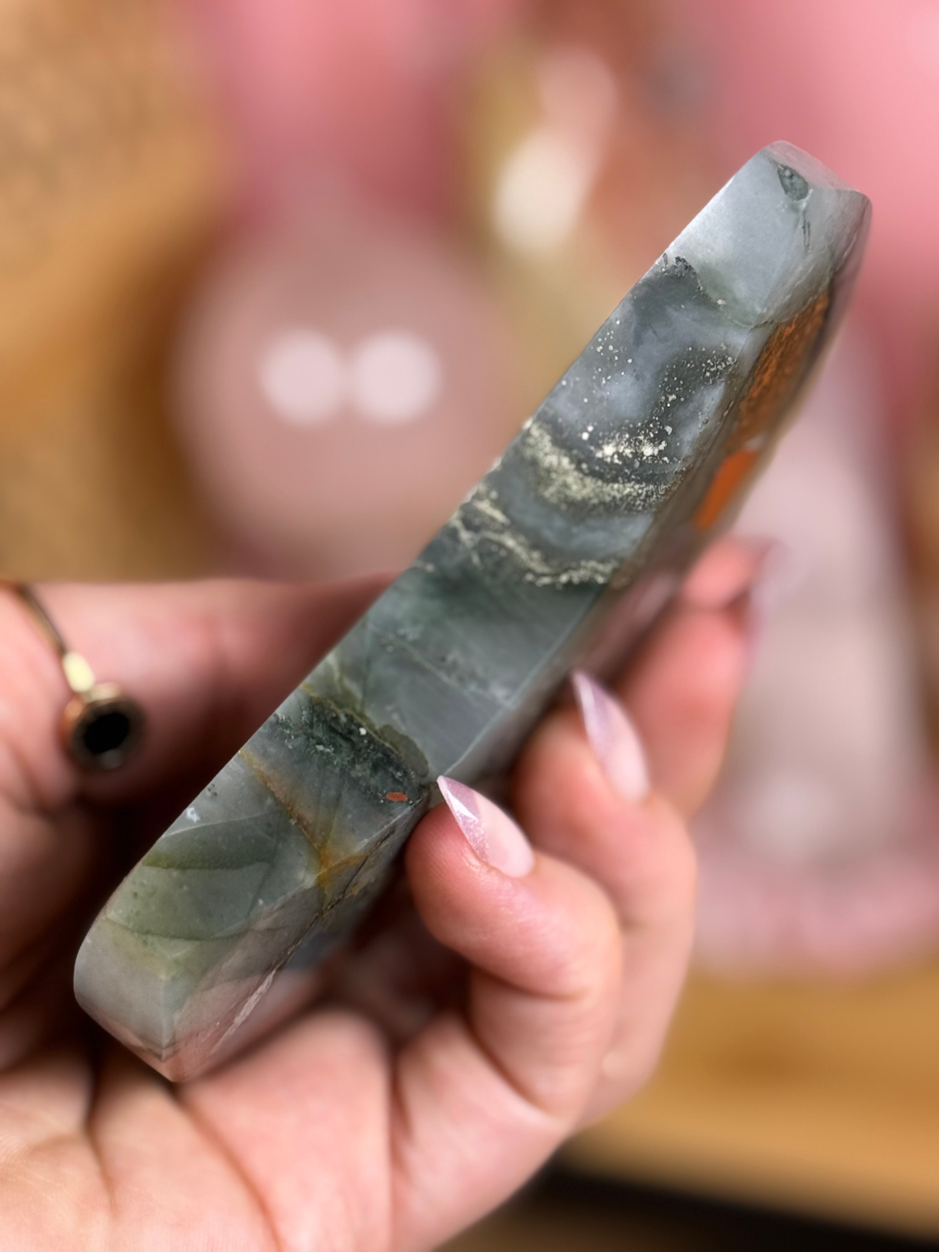 African Bloodstone Moon Crystal Carving