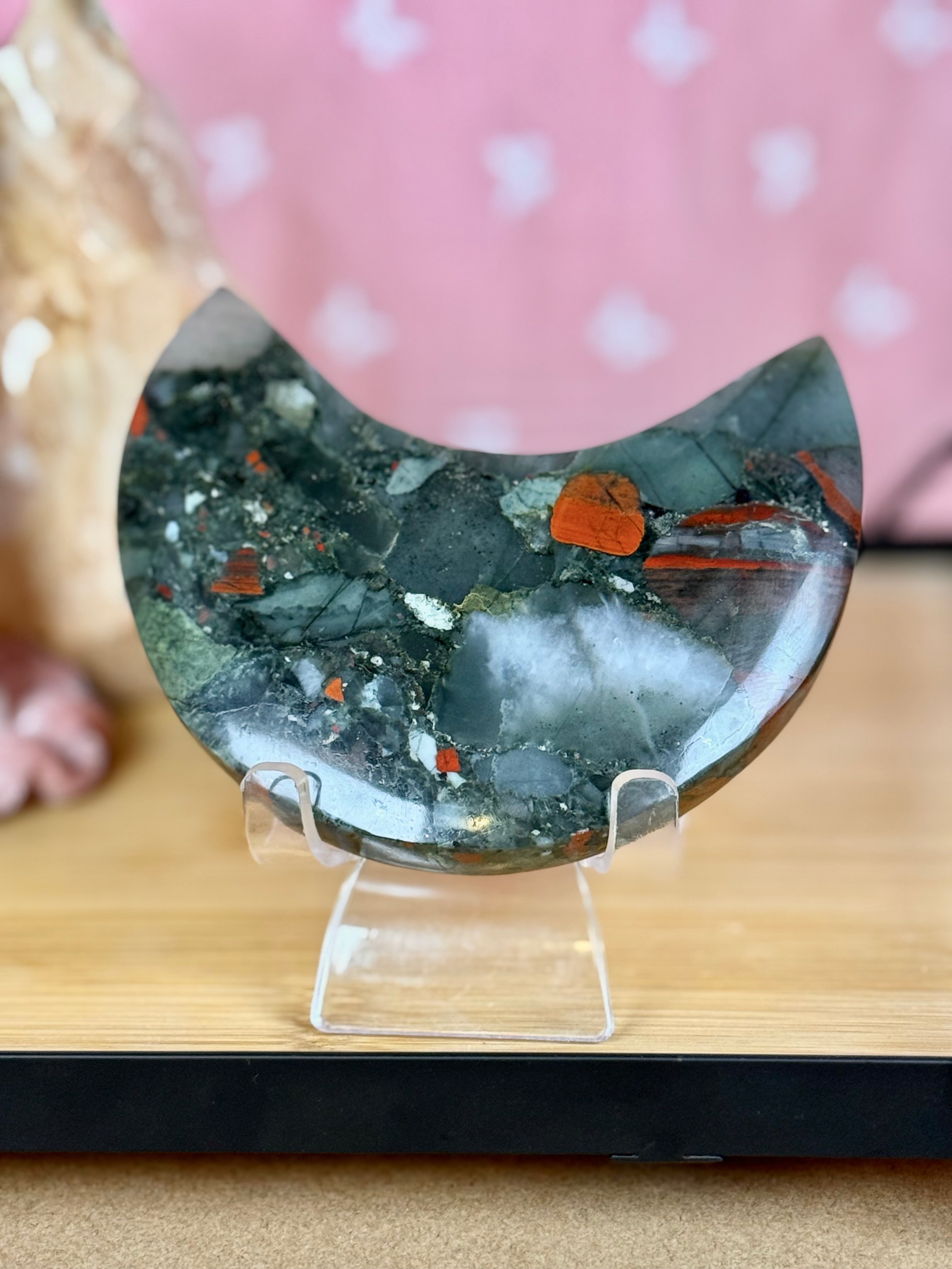 African Bloodstone Moon Crystal Carving