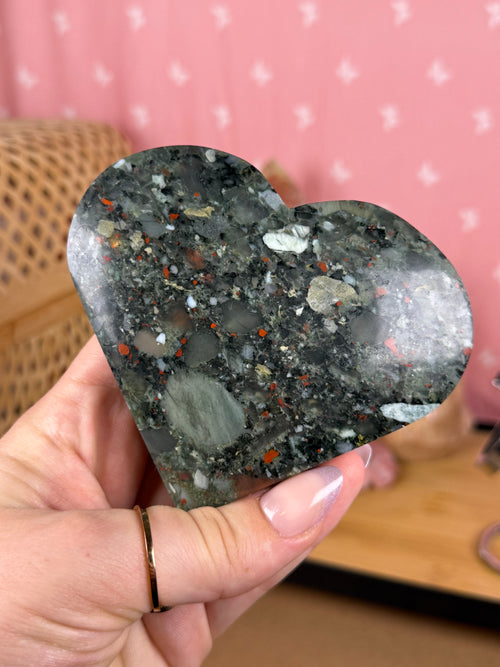 African Bloodstone Heart Carving on Stand Imperfect