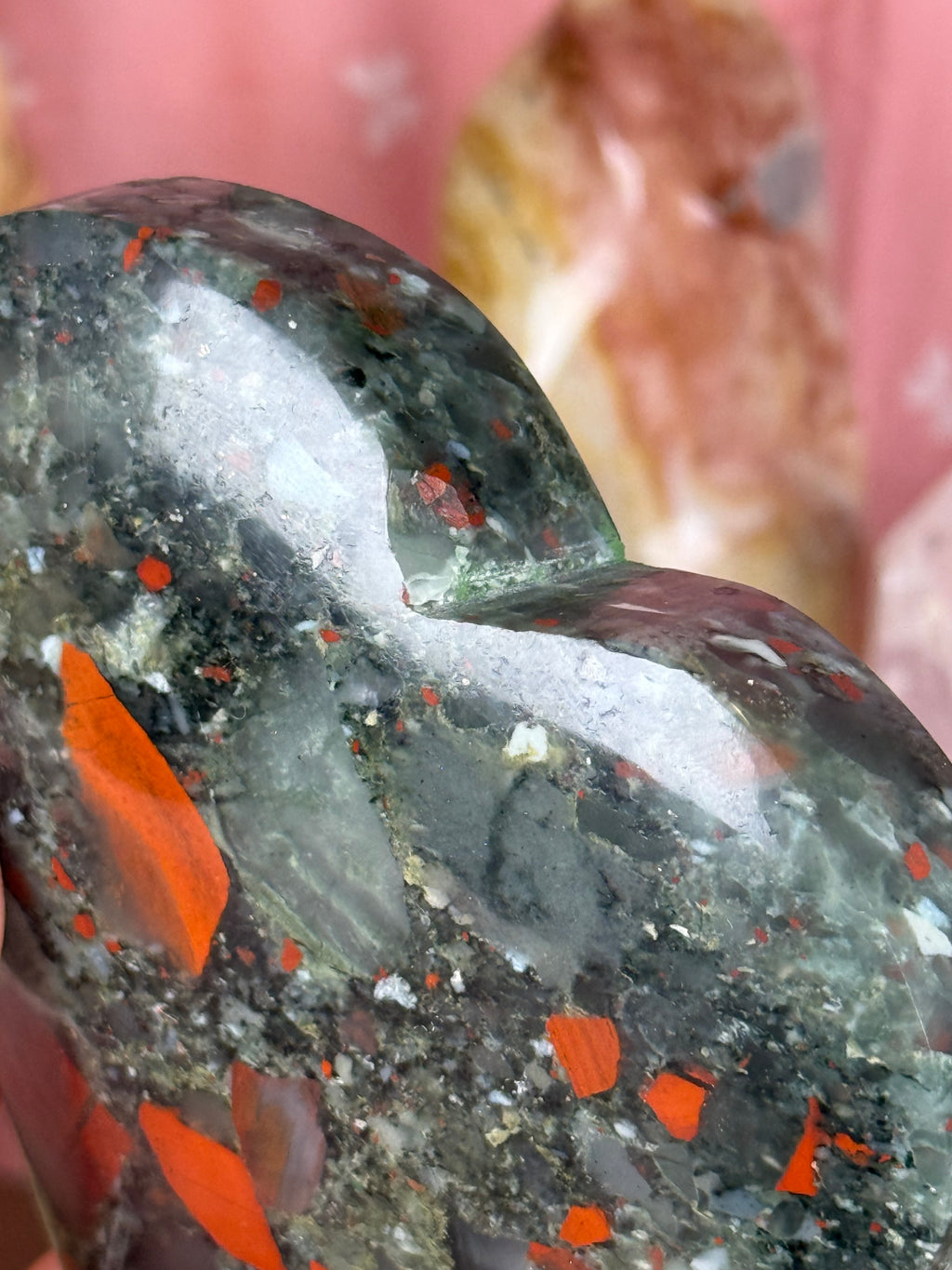 African Bloodstone Heart Carving on Stand Imperfect