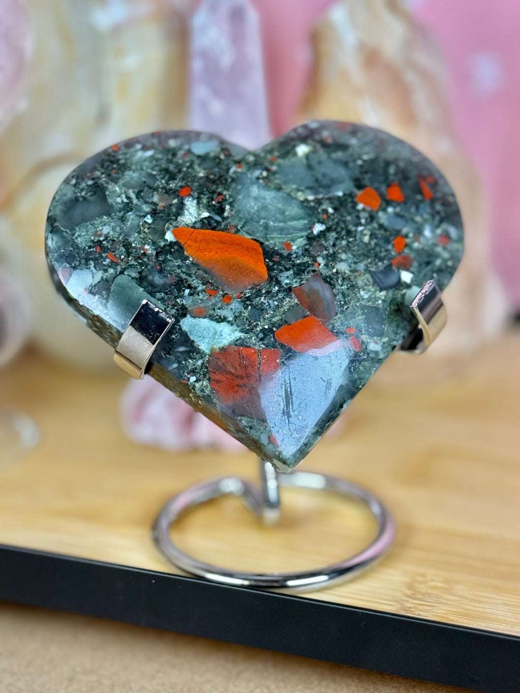 African Bloodstone Heart Carving on Stand Imperfect