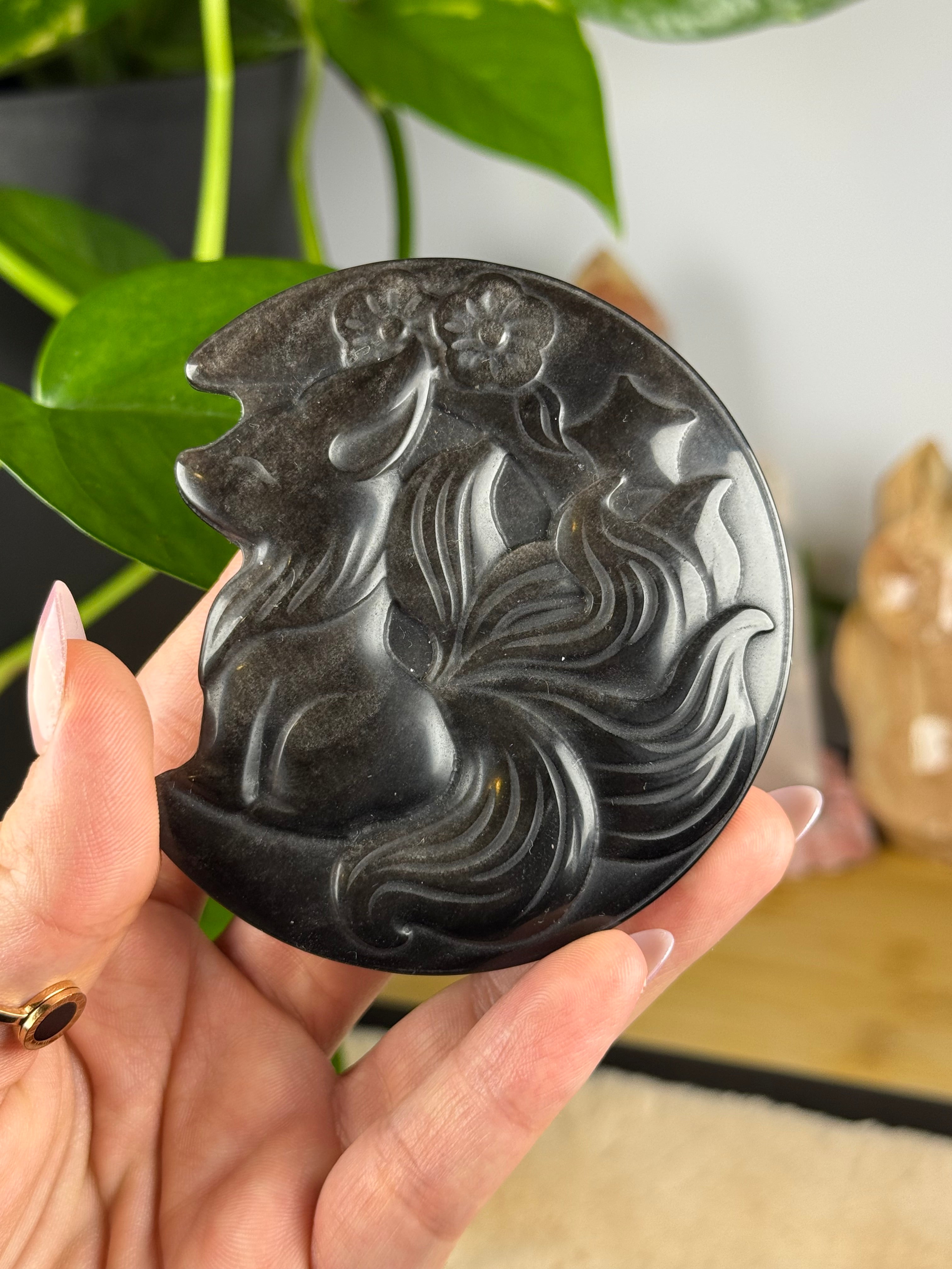 Silver Sheen Obsidian Kitsune Fox Carvings