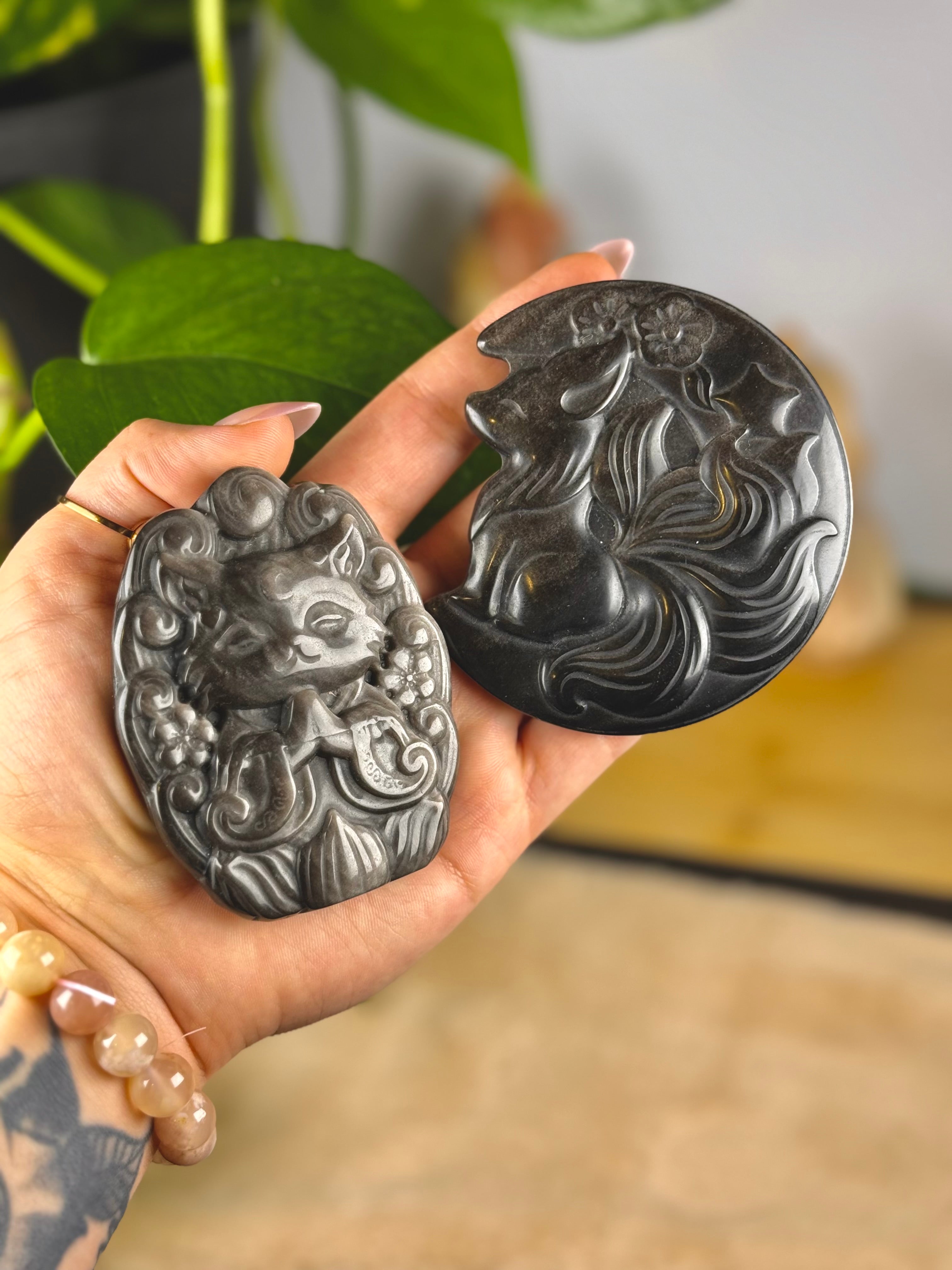 Silver Sheen Obsidian Kitsune Fox Carvings