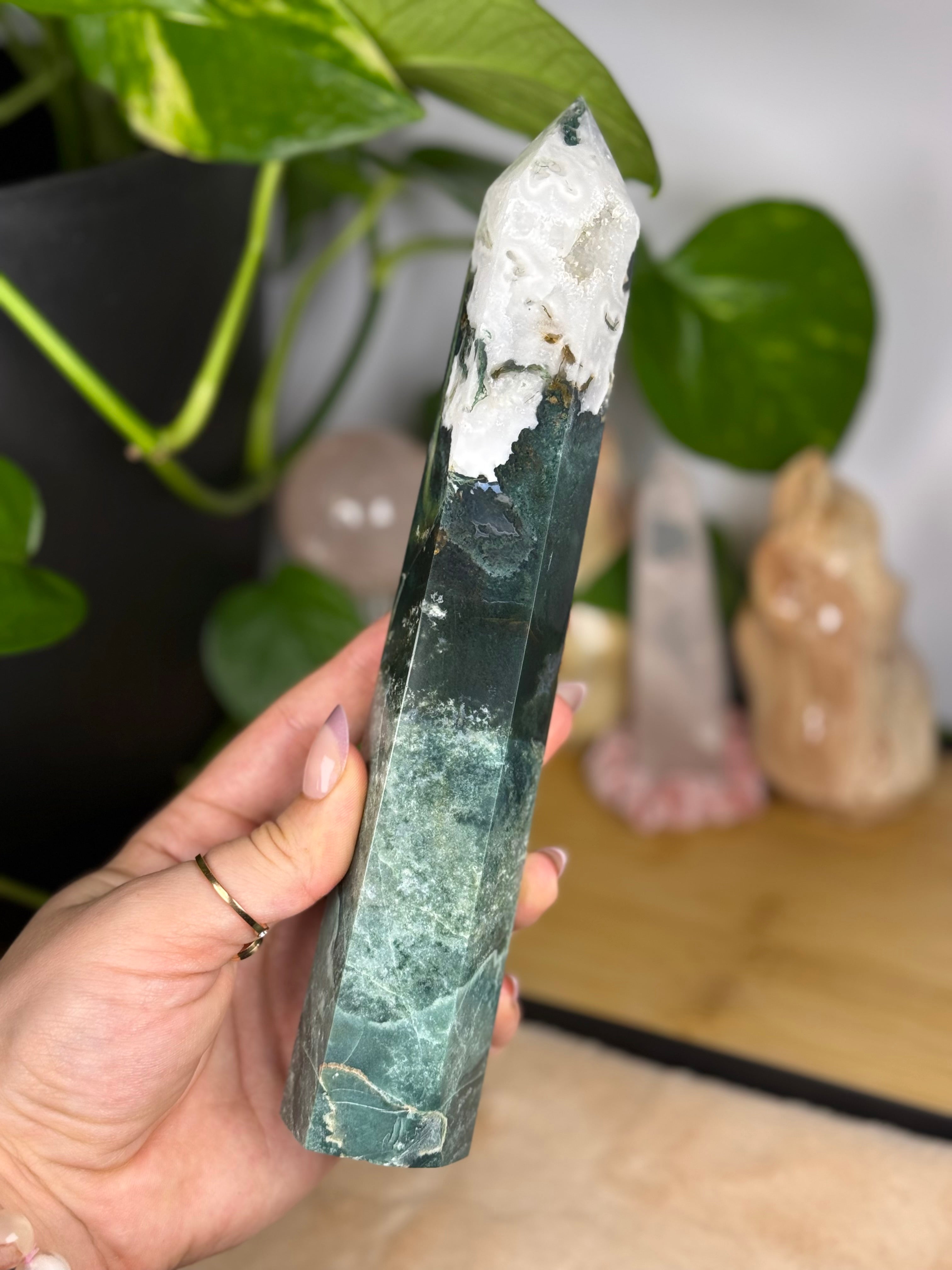 Moss Agate Crystal Tower Druzy Quartz High Quality