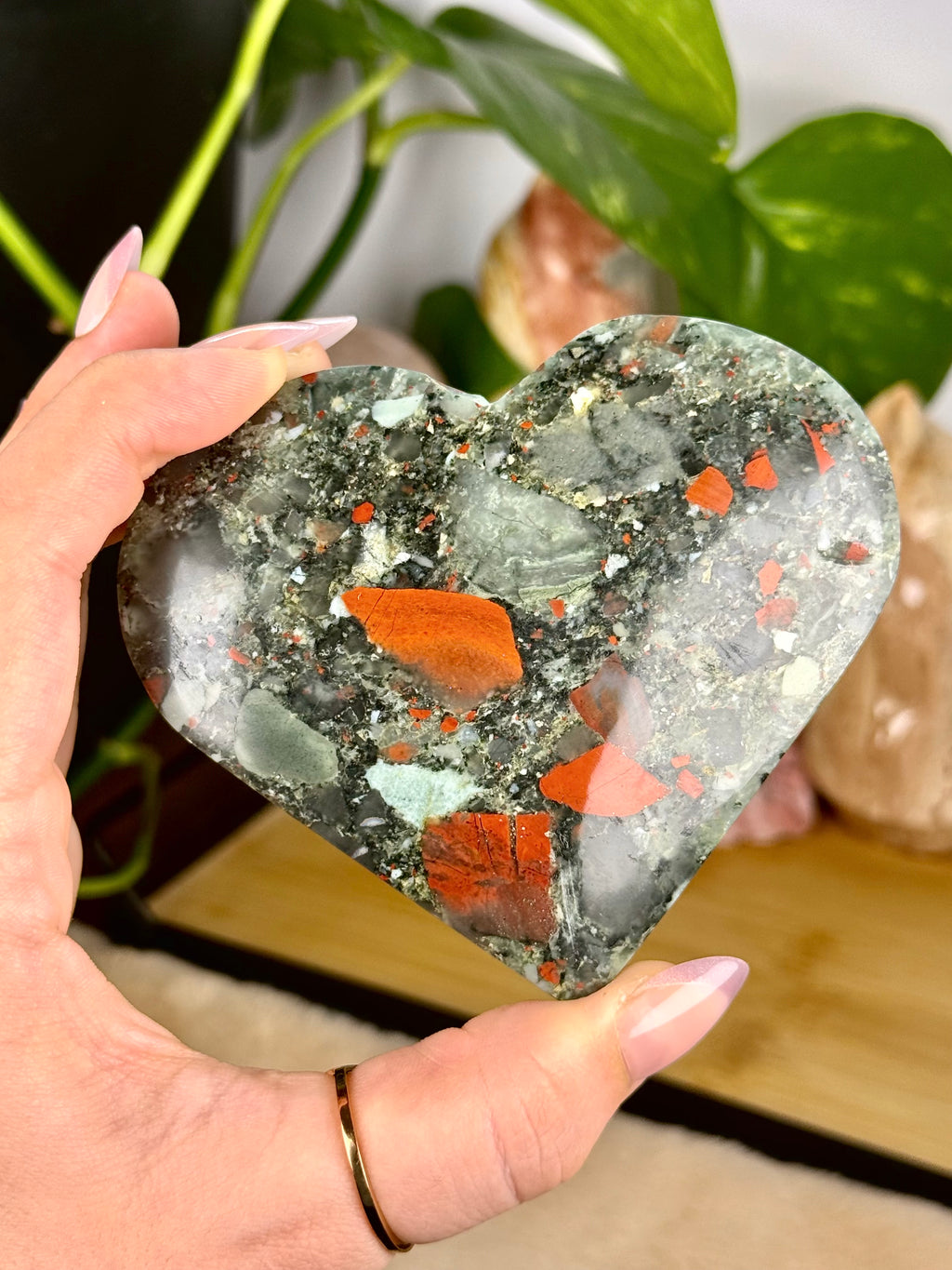 African Bloodstone Heart Carving on Stand Imperfect